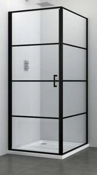 Douchecabine 90×90 met vaste wand mat zwarte lijnen Douchecabine 90×90 met vaste wand mat zwarte lijnen