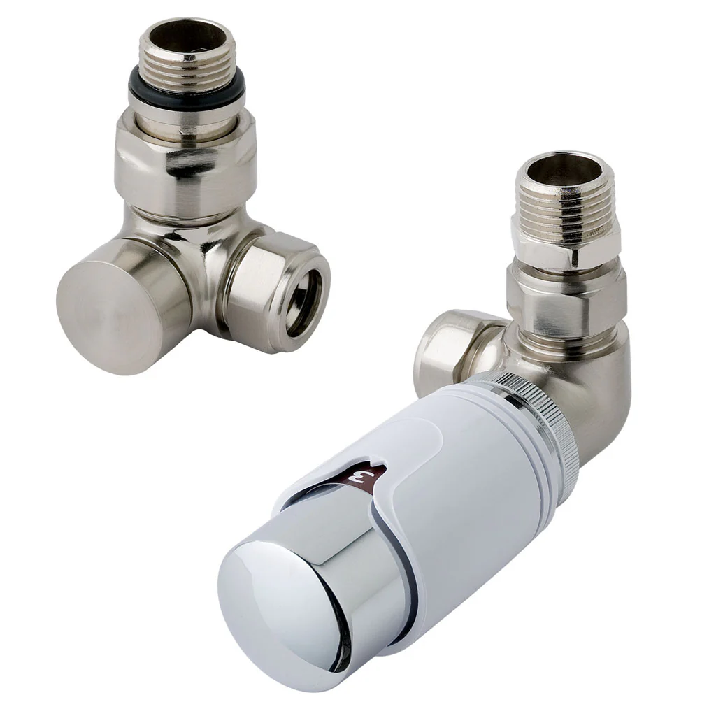 Eastbrook Valve Radiator Aansluitset Haaks Gedraaid Met Thermostaat 15mm Geborsteld Nikkel / Wit