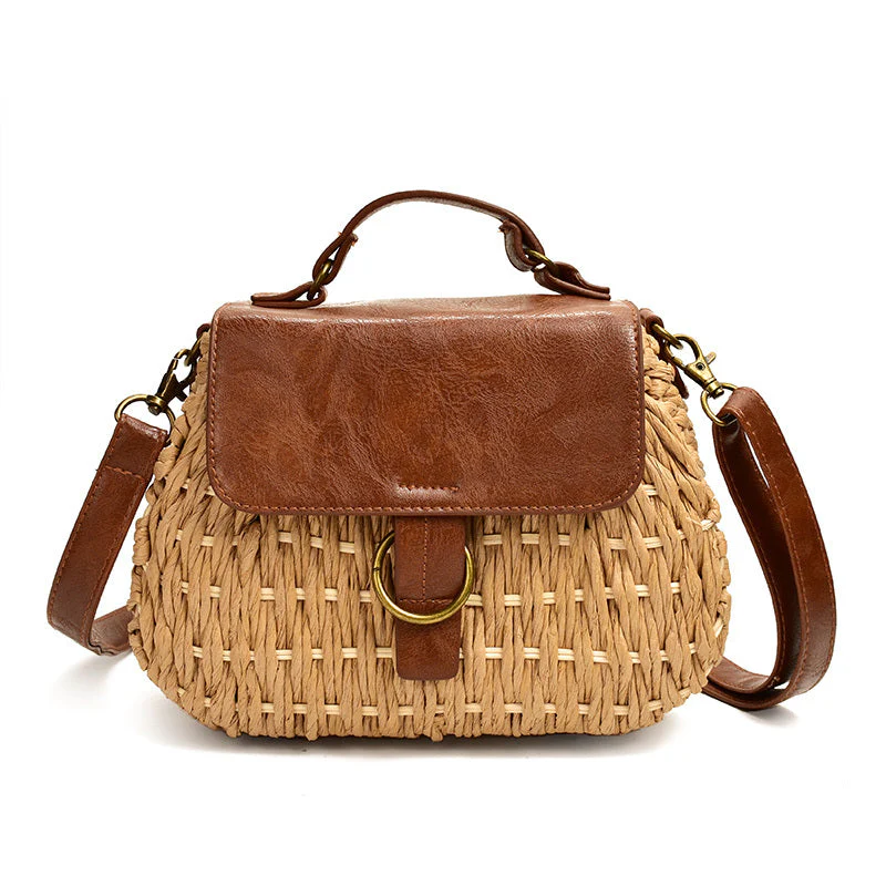 Antieke Geweven Stro Tas – Diepbruin Vintage Schoudertas voor Dames