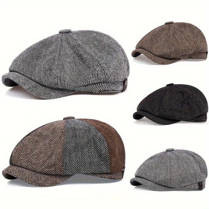 Baret Heren Zwart – Retro Pet met Acht Stofpanden in Visgraattweed, Casual Gestreepte