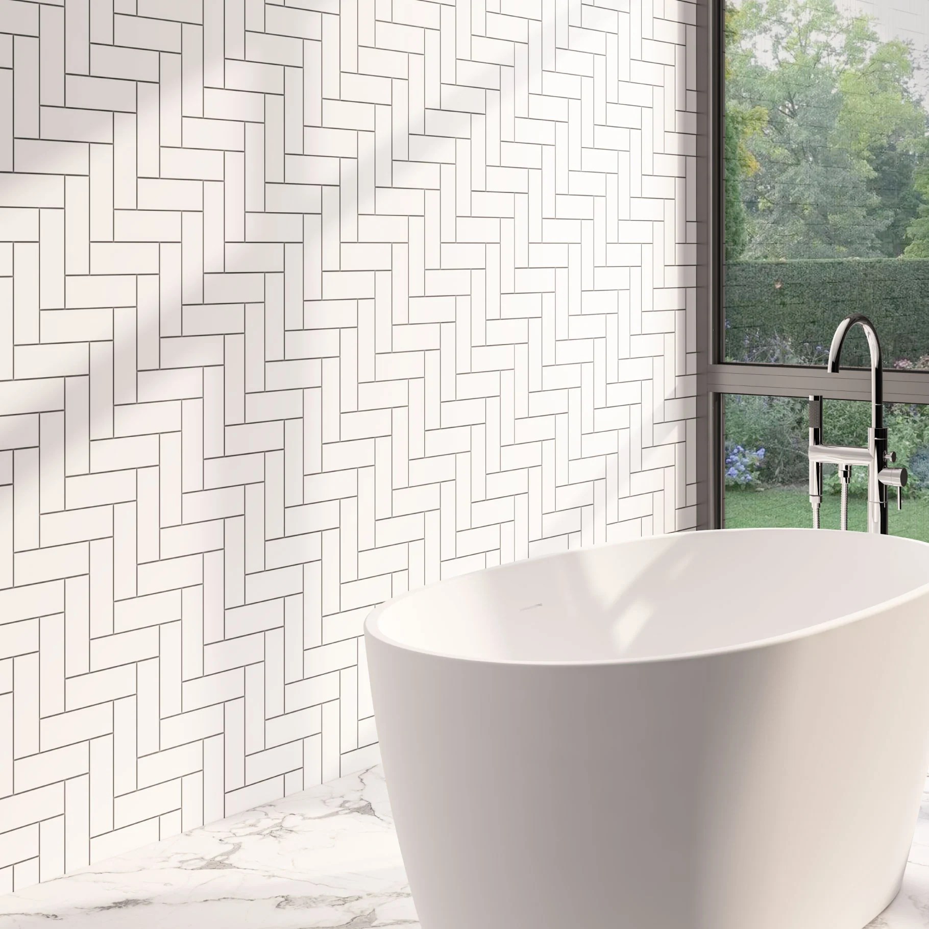 Eastbrook PVC Wandpaneel Satin 100×240 cm Witte visgraat tegellook verticaal