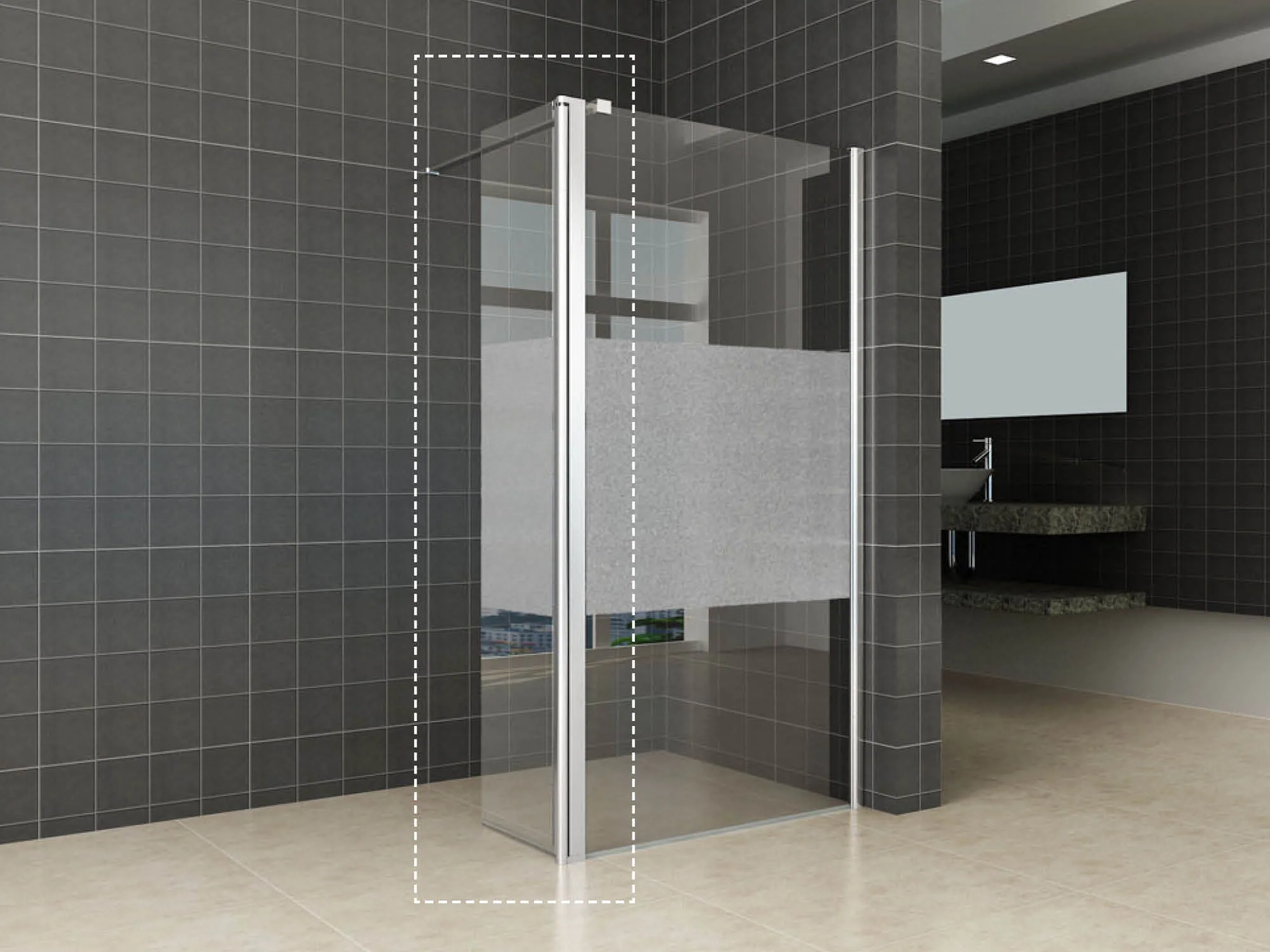 Comfort zijwand draaibaar rechts 350 x 2000 x 10 mm nano helder glas met melkglas middenband/chroom