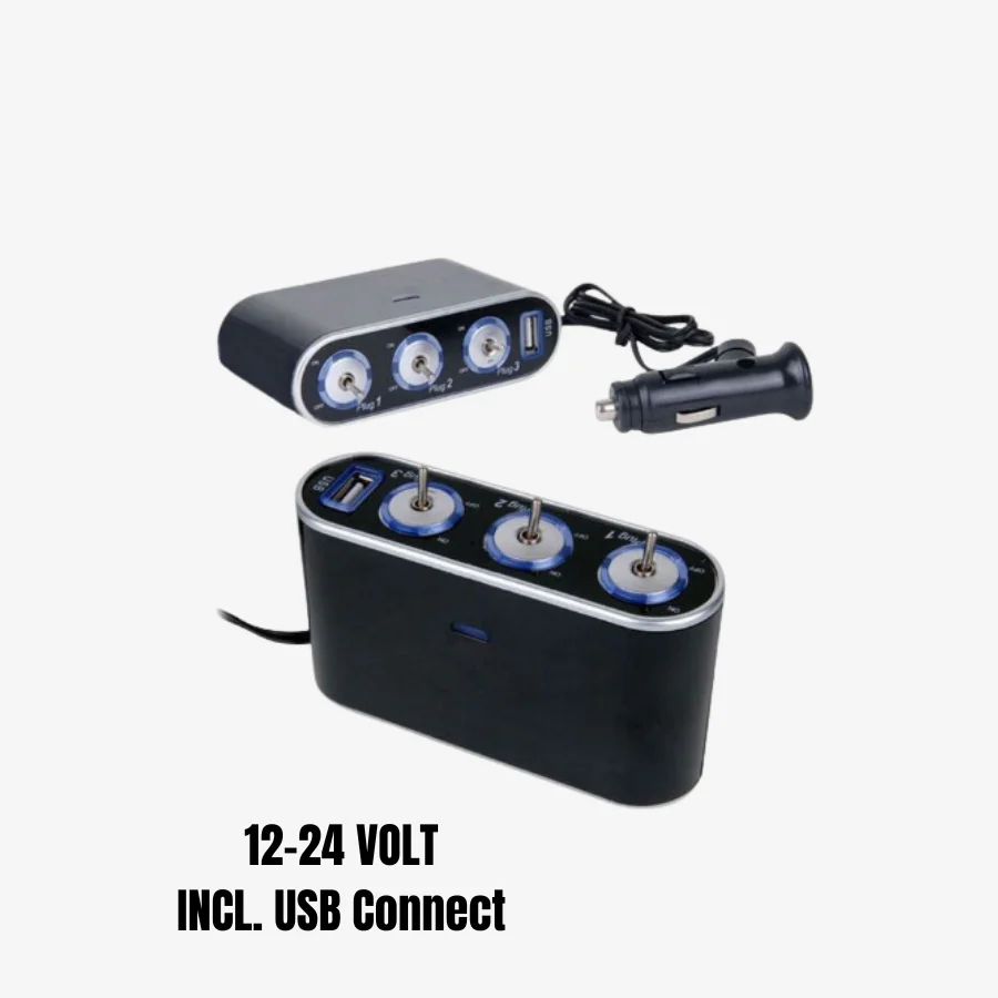 3-weg Aanstekerplug/USB met aan en uit knop 12-24V