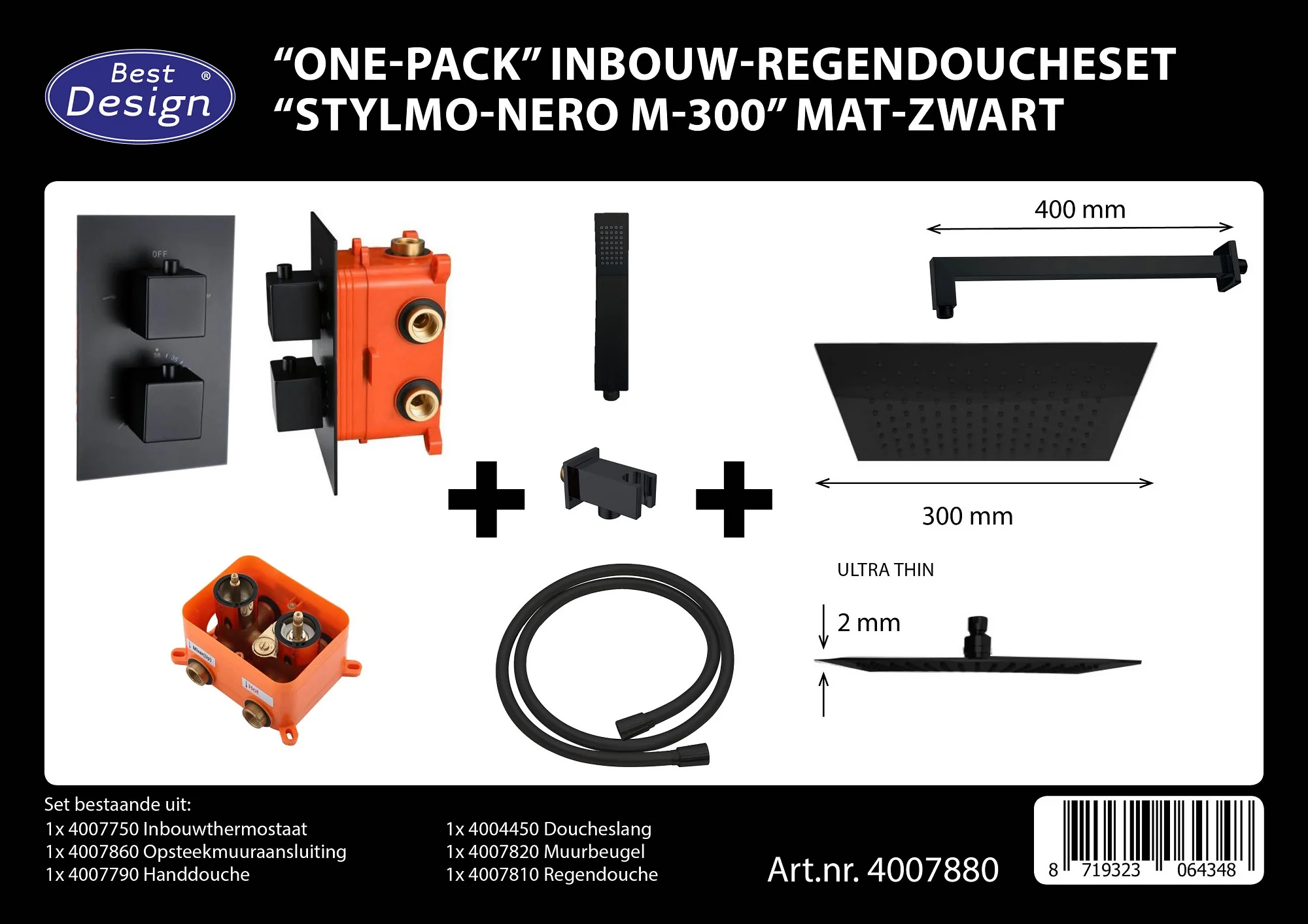Complete Inbouw-Regendoucheset Stylmo-Nero M-300 Mat Zwart