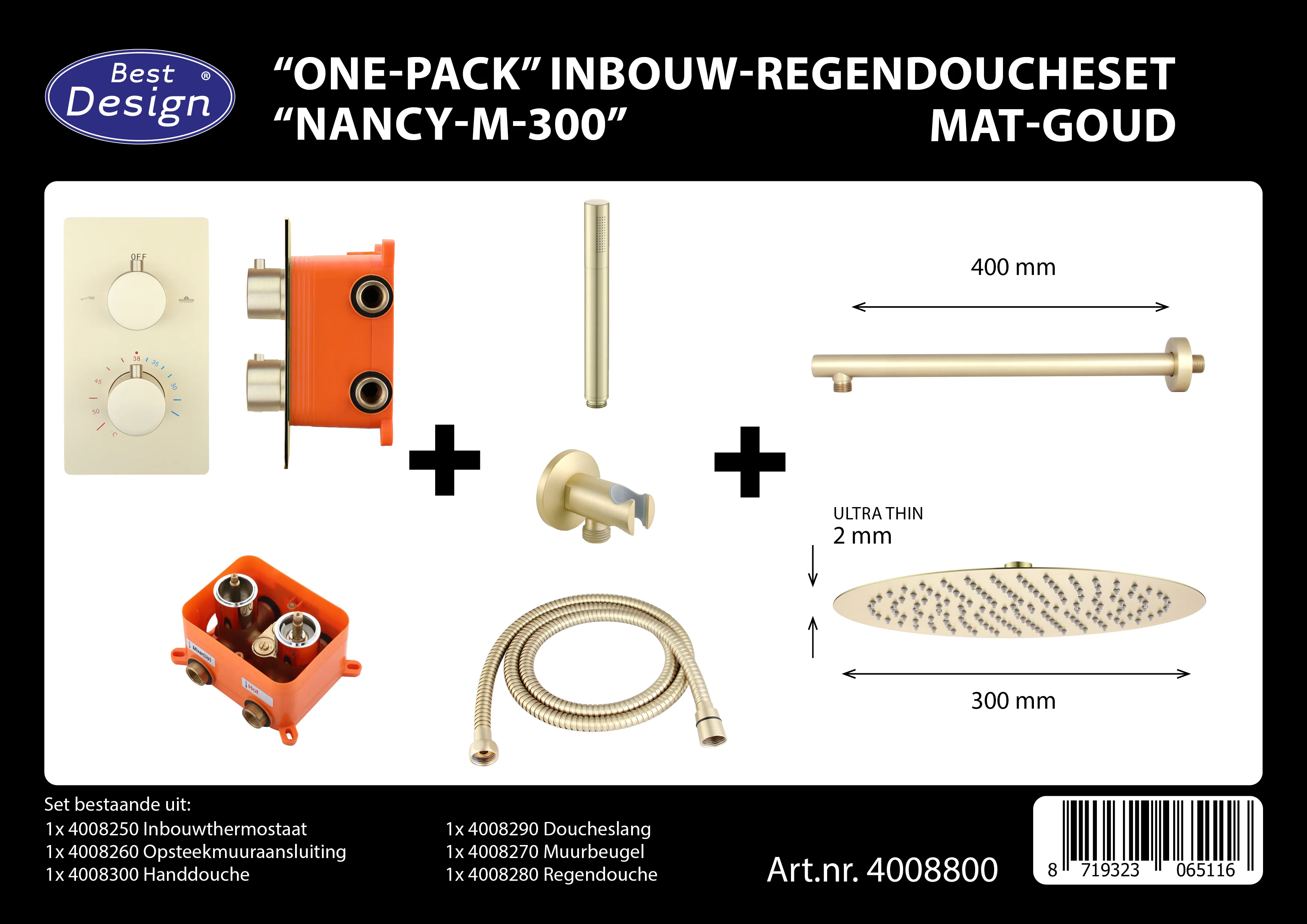 Complete Inbouw-Regendoucheset Nancy-M-300 Mat Goud