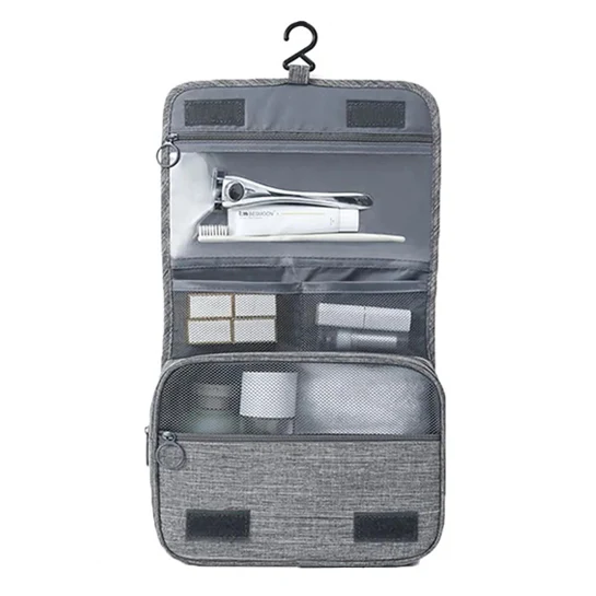 ATTREZZO® – Toilettas – Toilettas hangend – met Haak – Grijs – 23x19cm – Make-up tas – Reizen – Opbergtas badkamer – Organizer