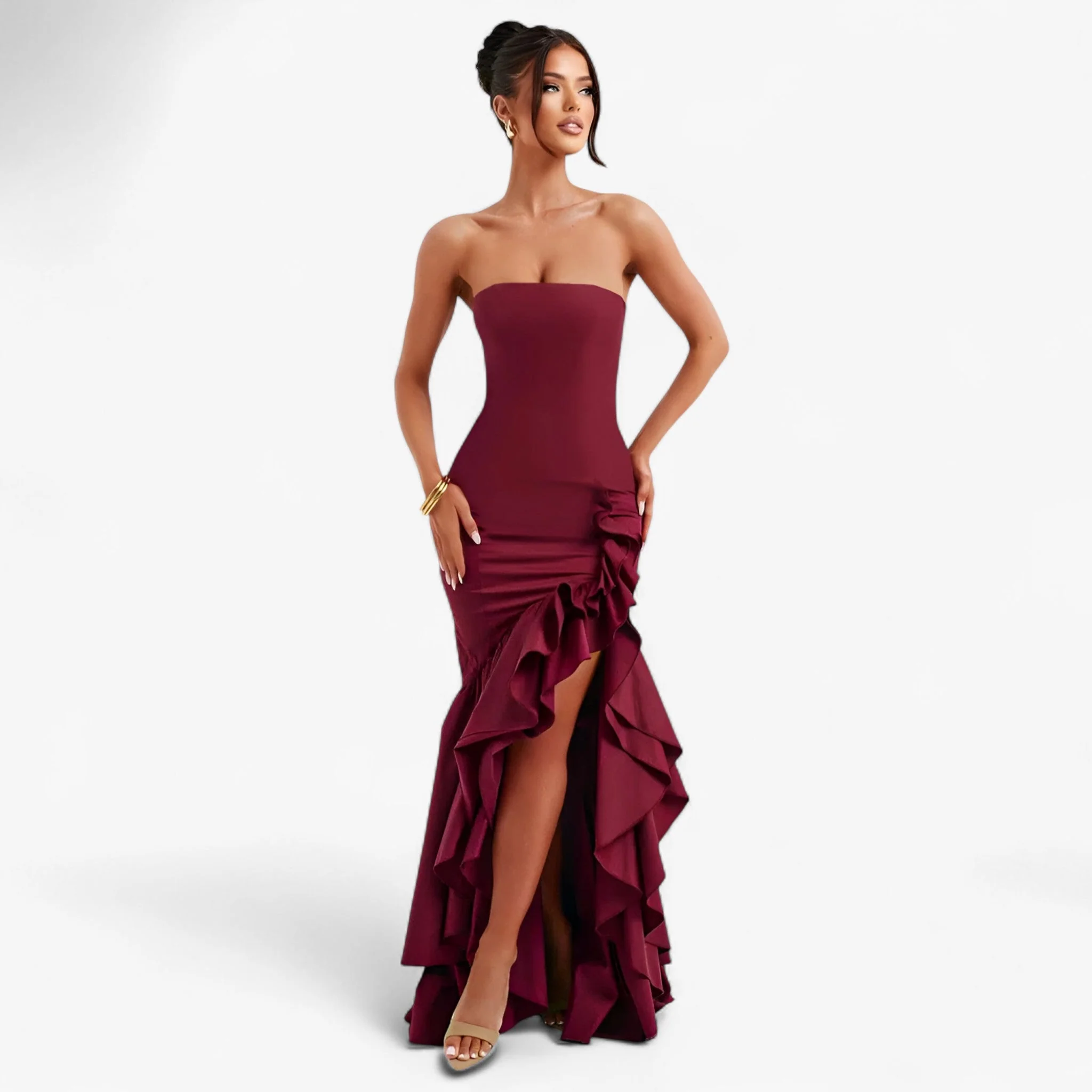Rode Dames Zomerjurk Mouwloos met Ruches – Elegante Feestjurk