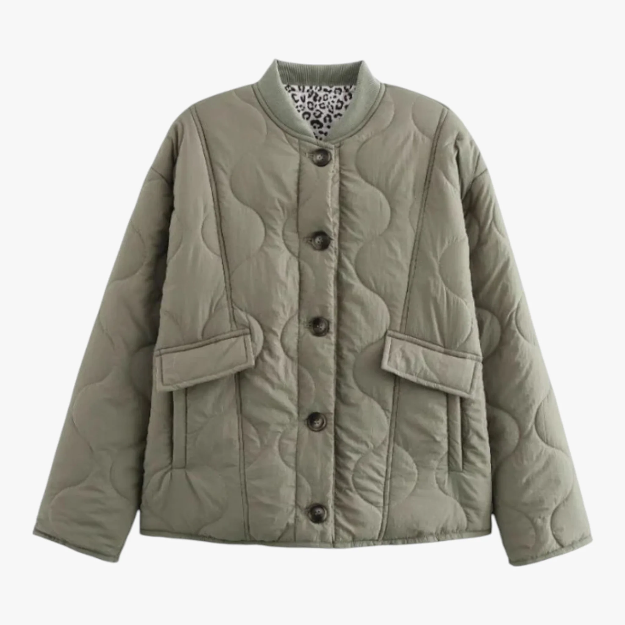 Dames Gewatteerd Winterjack met Dierenprint – Sauge Groen