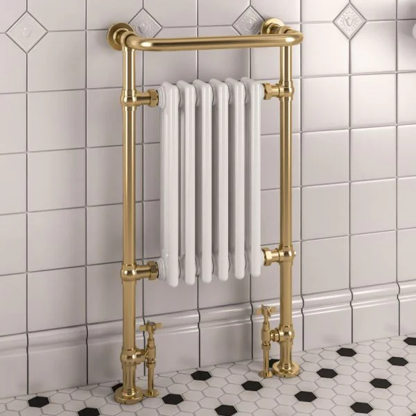 Isbourne Retro Handdoekradiator 94 x 50,7 cm Geborsteld Messing / Wit Hoogglans – 392W