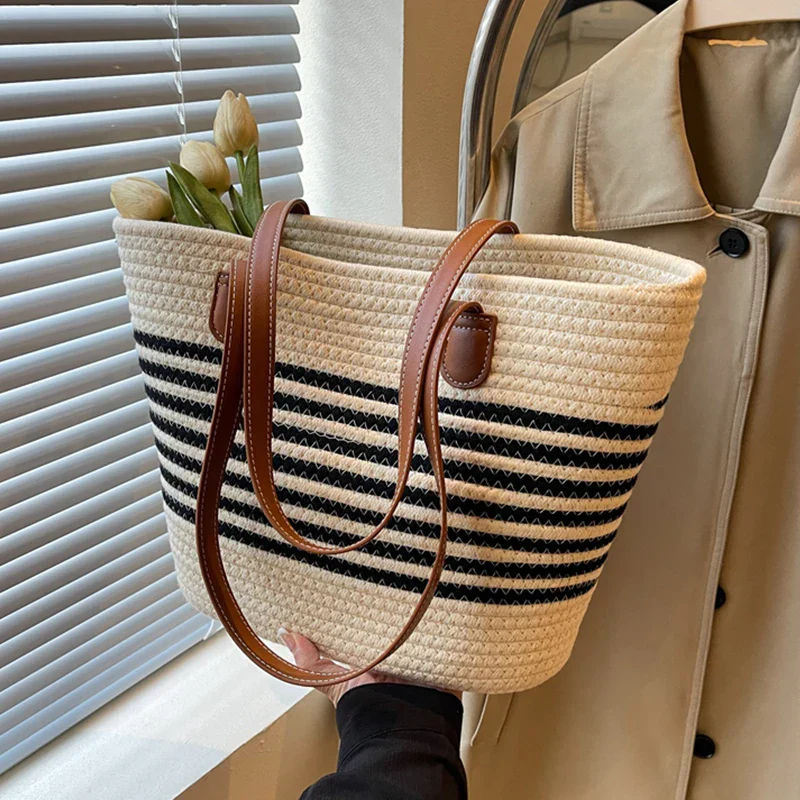 Boho Strandtas Dames Beige – Gestreepte Stro Grote Capaciteit – Stro