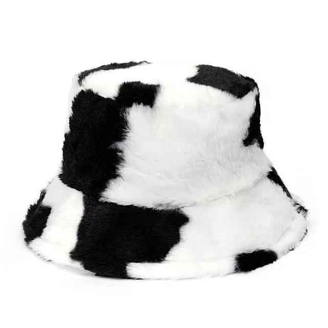 Bucket Hat van Imitatiebont met Luipaardprint in Winterse Koeienprint - Khaki Luipaard
