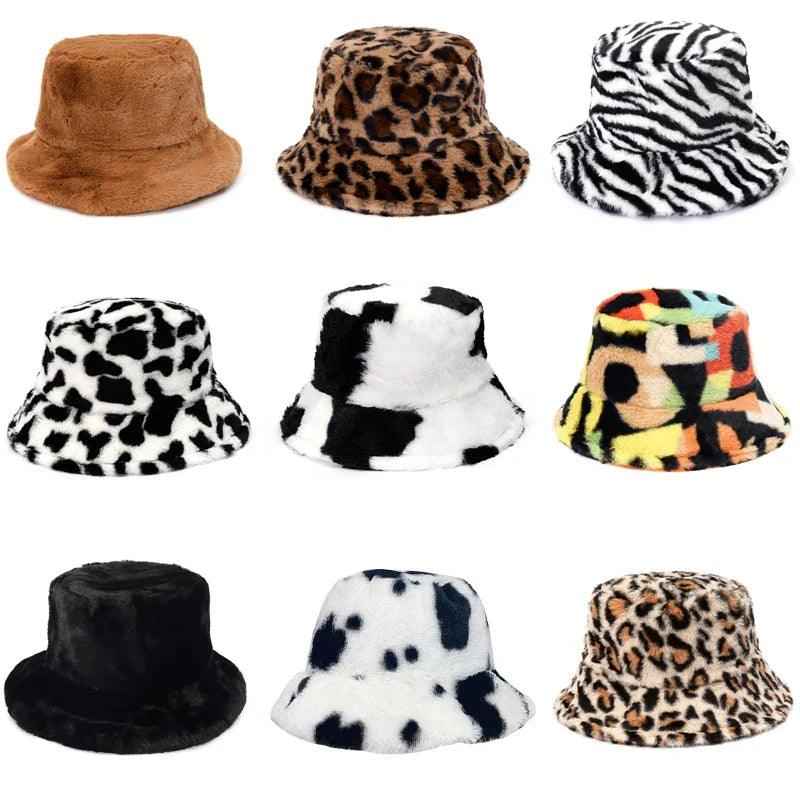 Bucket Hat van Imitatiebont met Luipaardprint in Winterse Koeienprint - Khaki Luipaard - Afbeelding 3