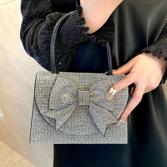 Clutch Dames Zwart – Verfraaid Kristallen Strik Avond – Stof