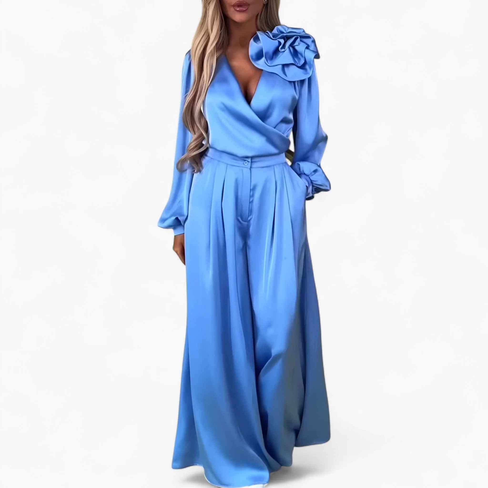 Damesset van Polyester V-hals Top en Wijde Broek – Blauw