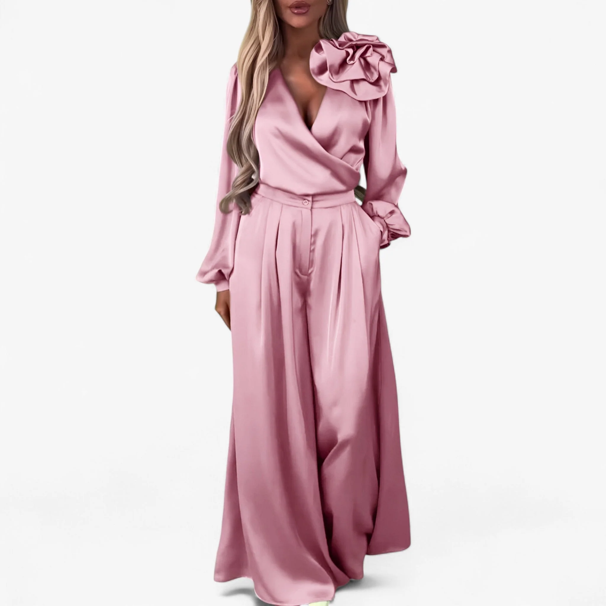 Damesset van Polyester V-hals Top en Wijde Broek - Blauw - Afbeelding 2