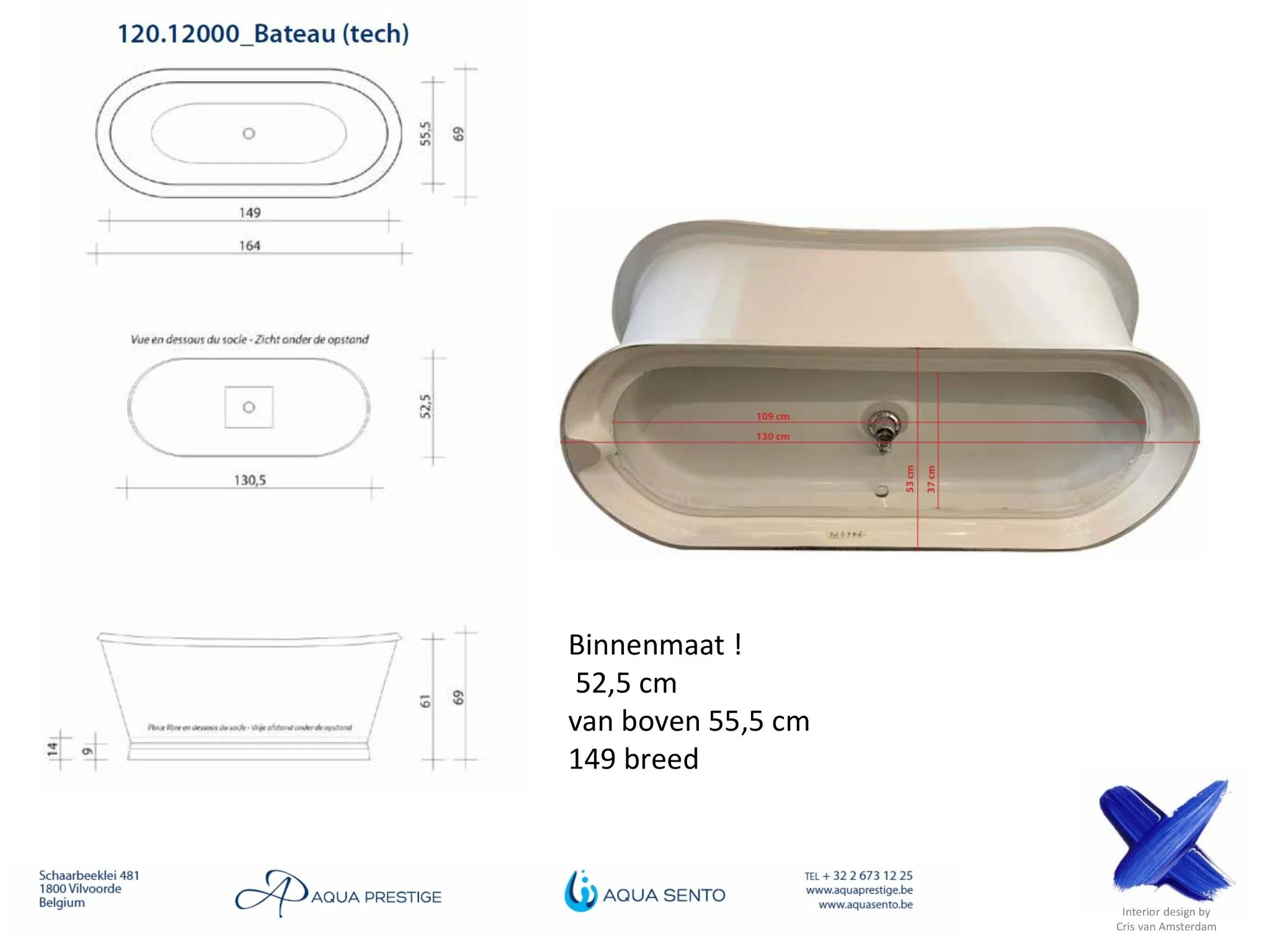 Acqua Prestige Ligbad Bateau (Duroxiet) Glans Wit 165x70 cm - Afbeelding 3