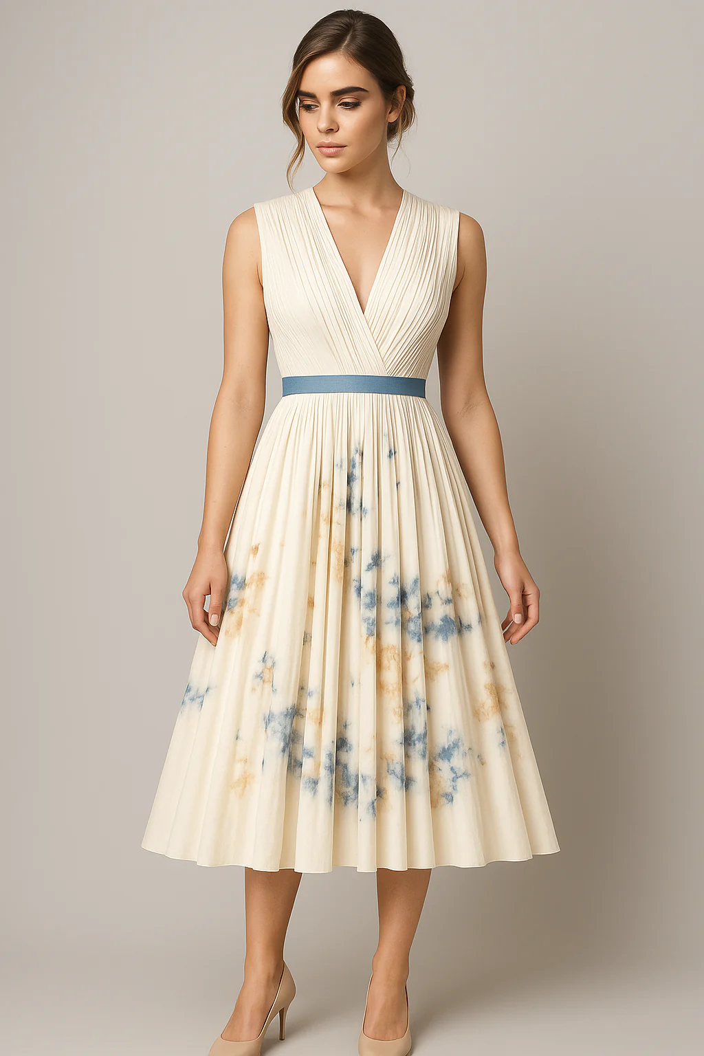Vintage Jurk van Luciana Damer met Plooien en Aquarelmotief. - Wit - Afbeelding 2
