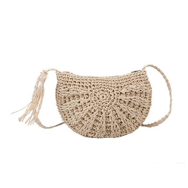Bohemian Crossbody Tas Dames Beige – Handgeweven Halfrond – Stro