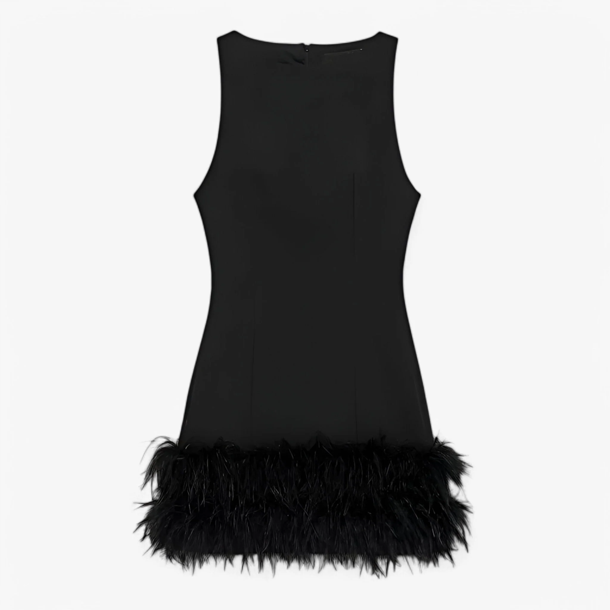 Mini Jurk Dames Zwart met Veren – Elegante Mouwloze Cocktailjurk