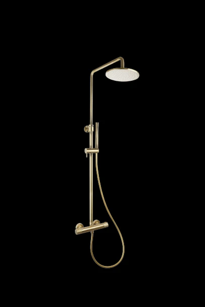 Luzi Doucheset Thermostatisch (in Hoogte Verstelbaar) Rond Goud Geborsteld met Geribbeld Knop Douchekop 25 cm
