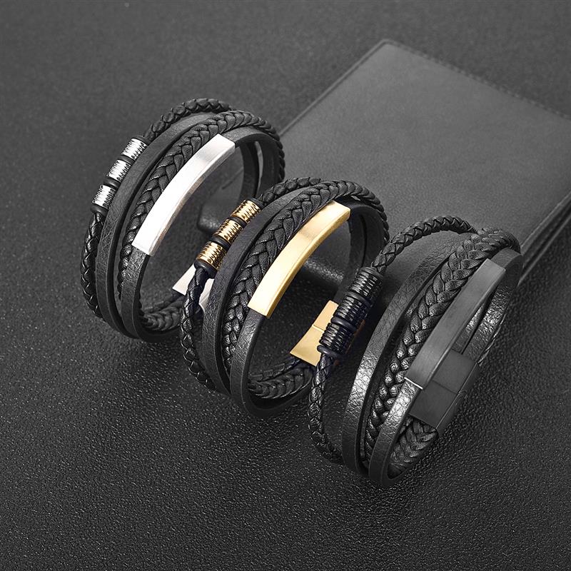 Heren Leren Armband Zwart Gevlochten – Multilayer & Stijlvol Design