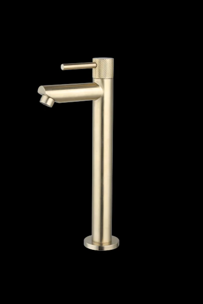 Luzi Fonteinkraan Hoog Rond Geborsteld Goud met Geribbeld Knop Luzi Fonteinkraan Hoog Rond Geborsteld Goud met Geribbeld Knop