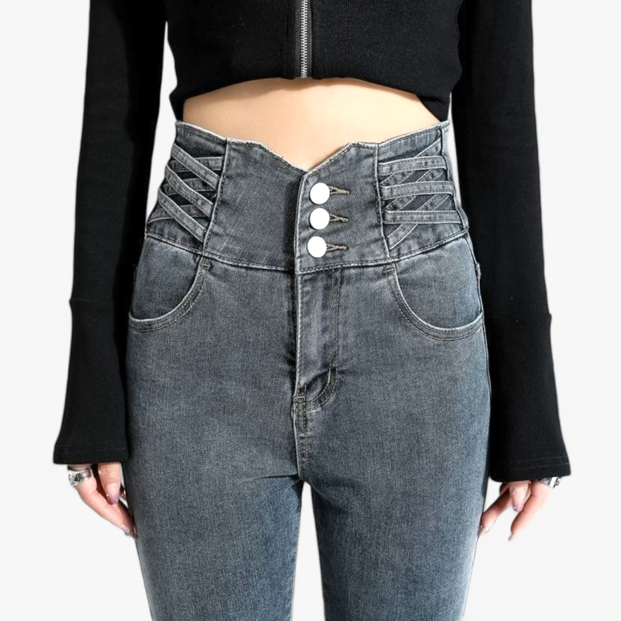 Jeans Grijs 3 Knoppen – Skinny Koker – Slanke Stretch voor een Flatterende Pasvorm