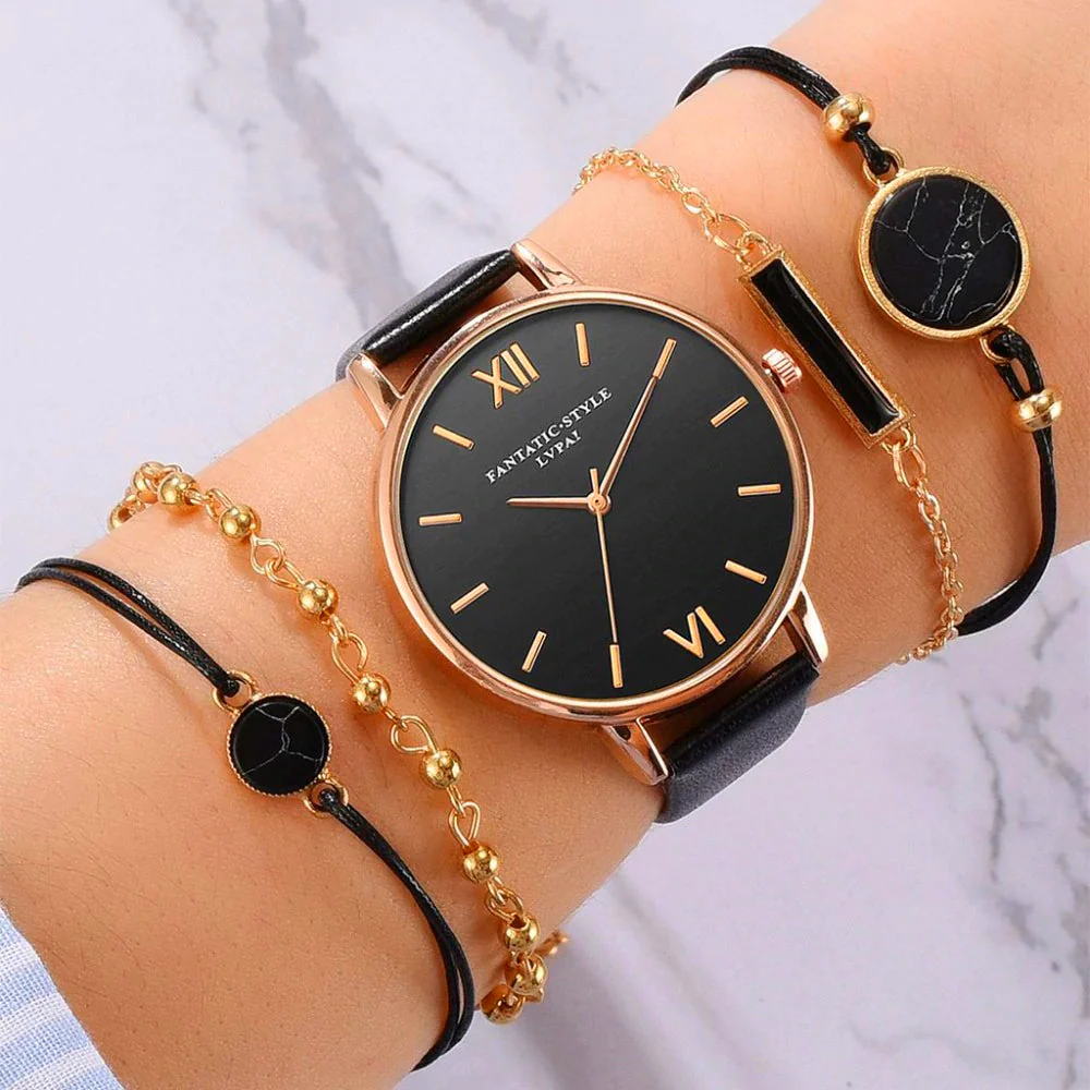 Dames Horloge Zwart Analoog Quartz met 4 Armbanden voor een complete look