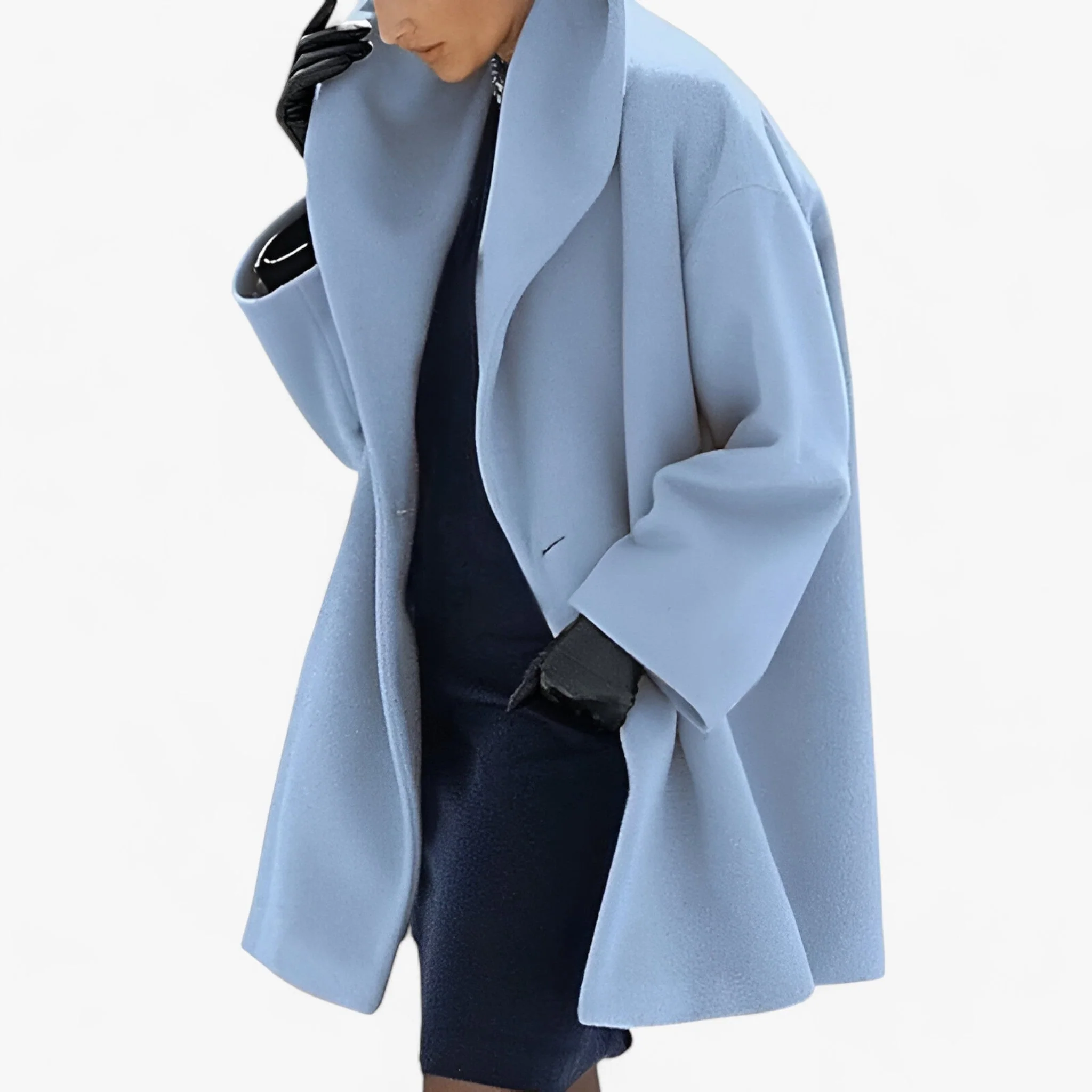 Dames Blauwe Wollen Trenchcoat – Lange Elegante Winterjas